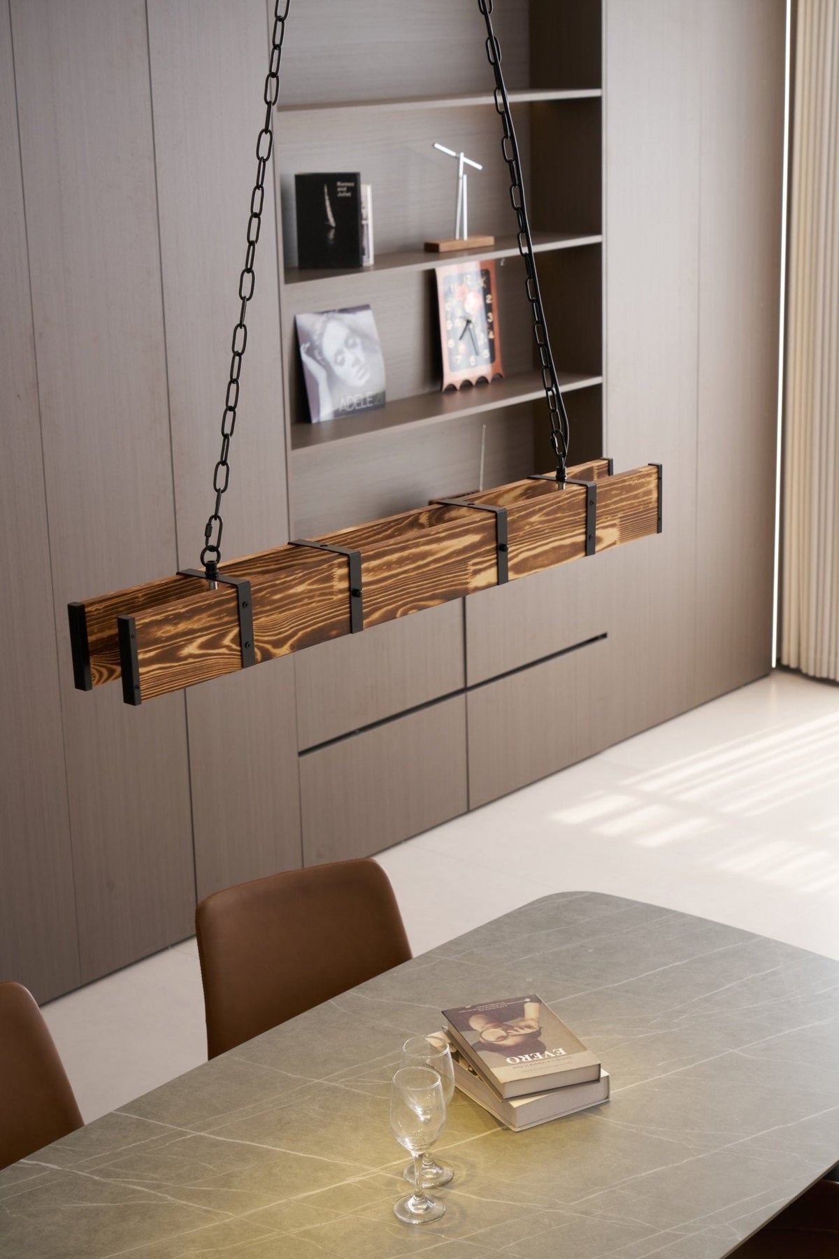Pleva Linear Wood LED Chandelier, Modern Farmhouse Kitchen Island Light
