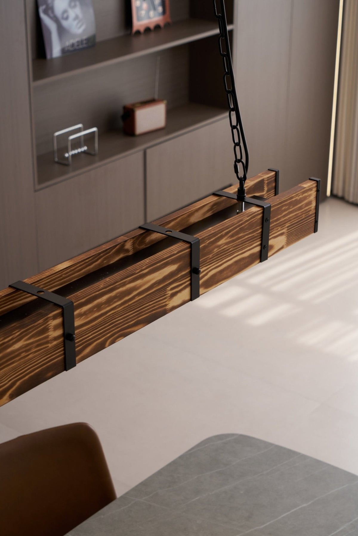 Pleva Linear Wood LED Chandelier, Modern Farmhouse Kitchen Island Light