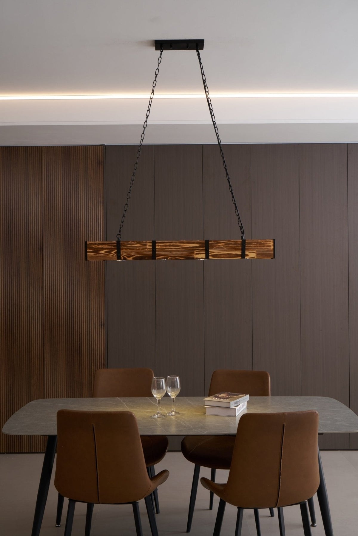 Pleva Linear Wood LED Chandelier, Modern Farmhouse Kitchen Island Light