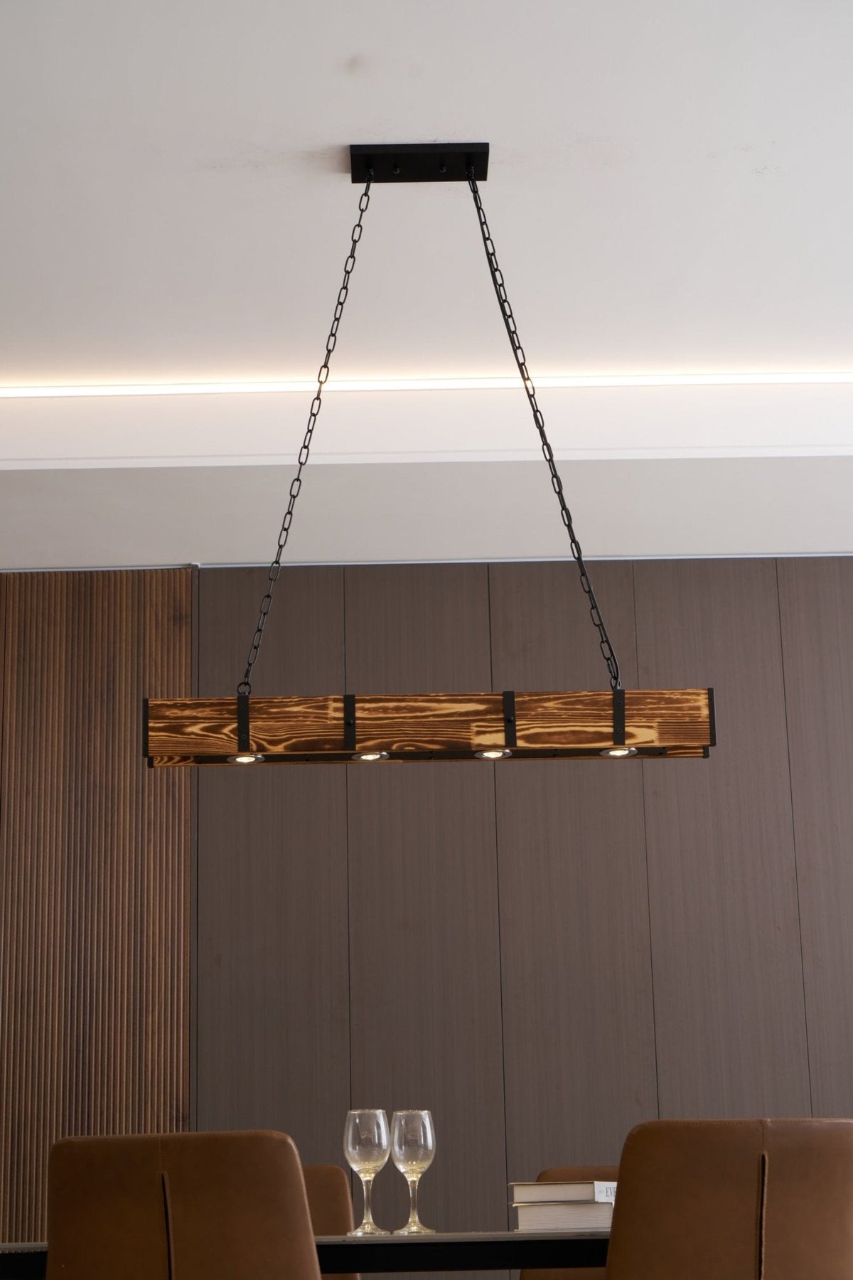 Pleva Linear Wood LED Chandelier, Modern Farmhouse Kitchen Island Light