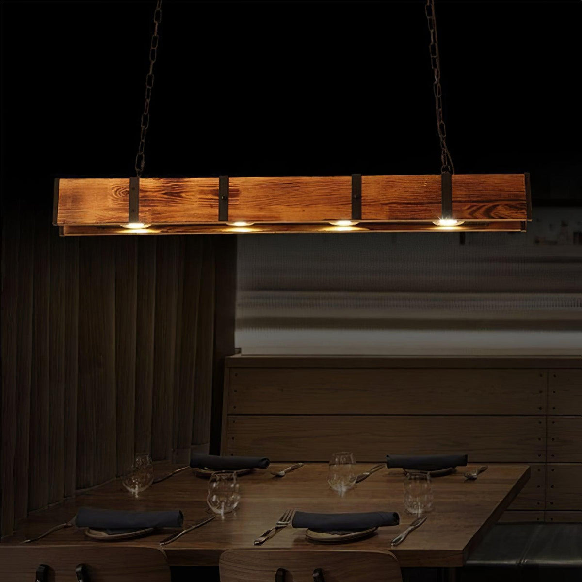 Pleva Linear Wood LED Chandelier, Modern Farmhouse Kitchen Island Light