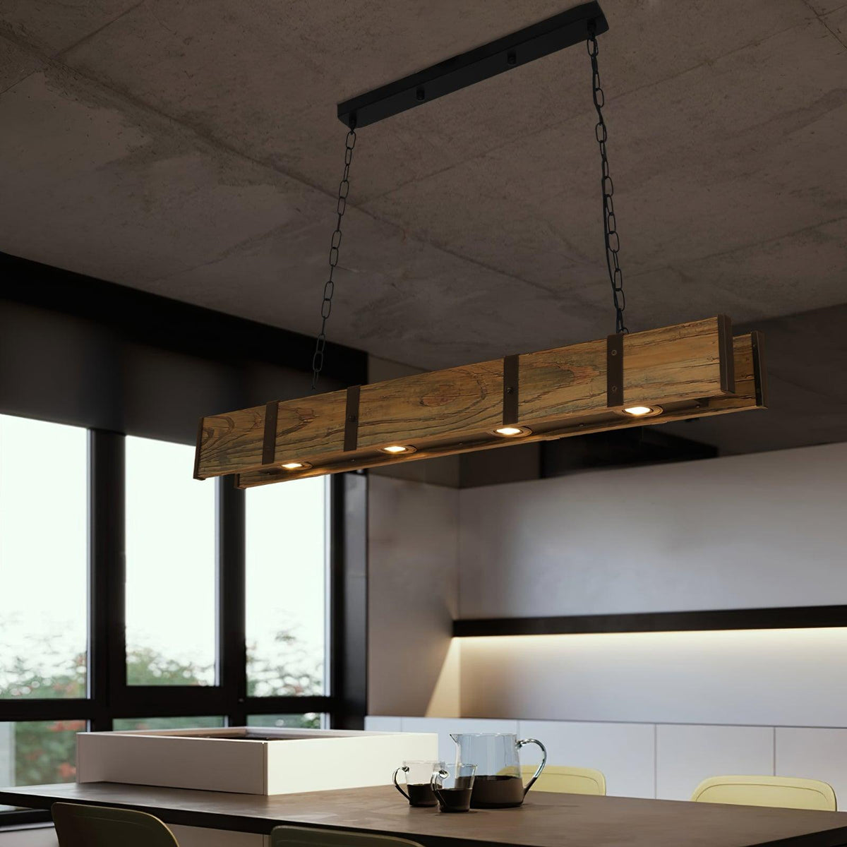 Pleva Linear Wood LED Chandelier, Modern Farmhouse Kitchen Island Light