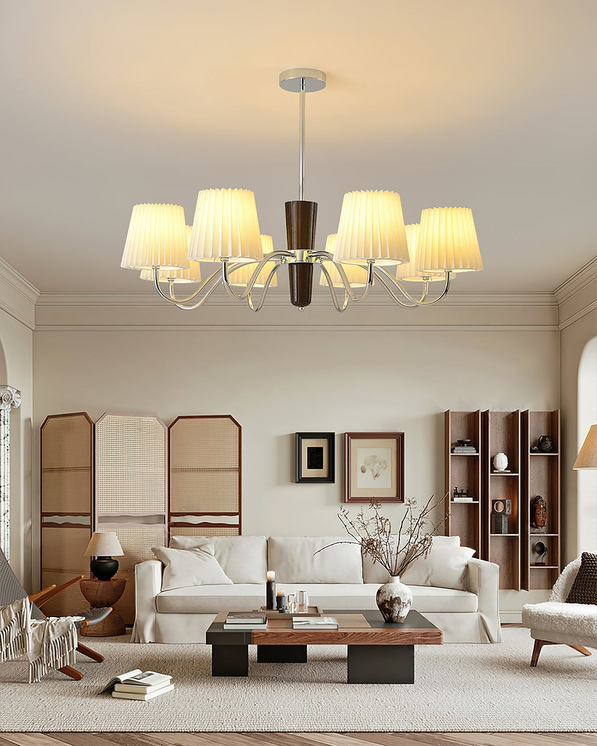 Plisse Fabric Chandelier with White Oak Accents for Dining Room and Living Room