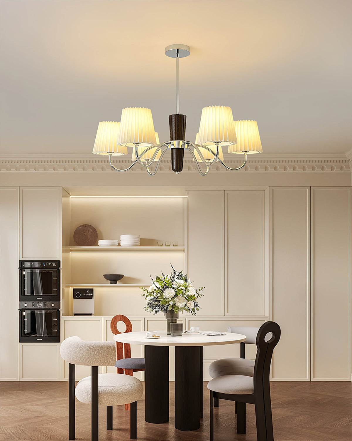 Plisse Fabric Chandelier with White Oak Accents for Dining Room and Living Room