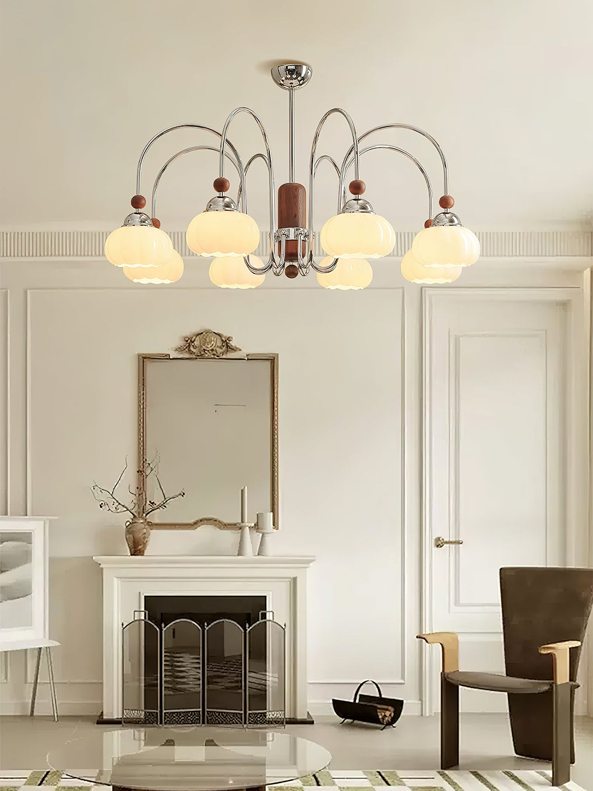 Pomona Sculptural Glass Chandelier with Chrome and Wood Accents