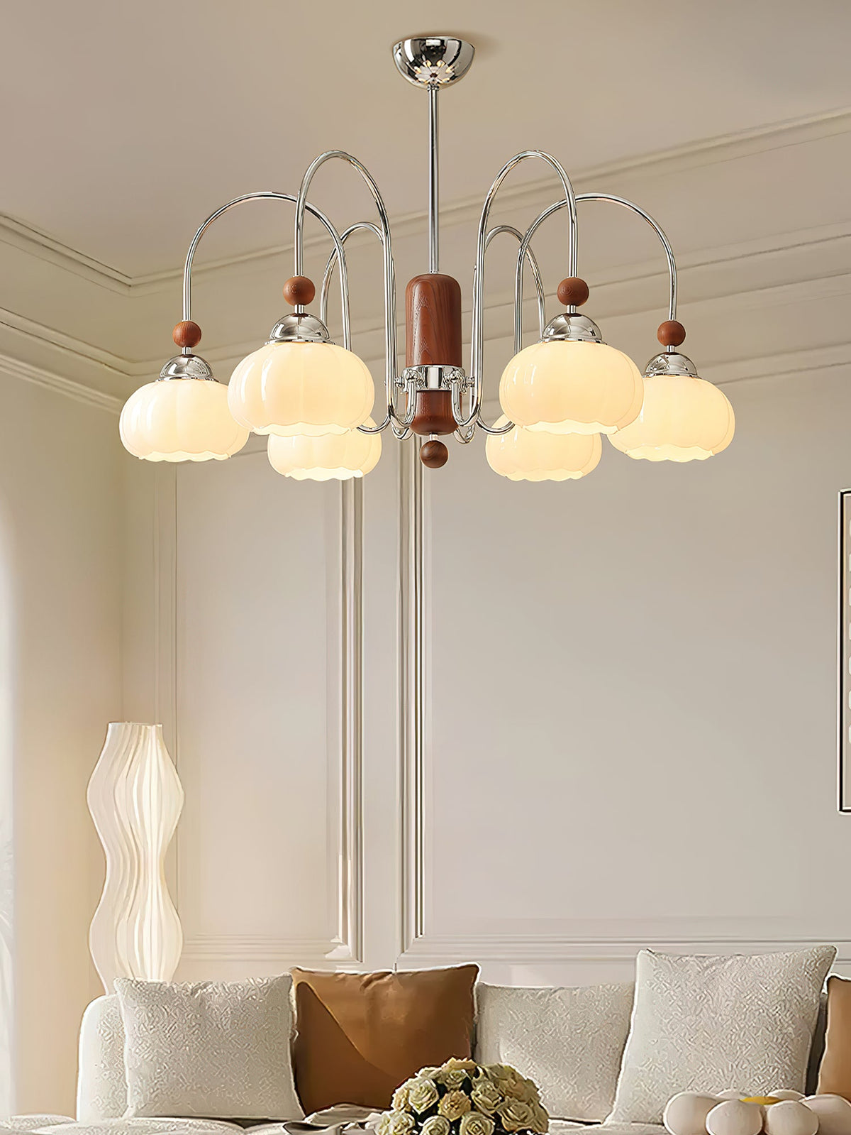 Pomona Sculptural Glass Chandelier with Chrome and Wood Accents