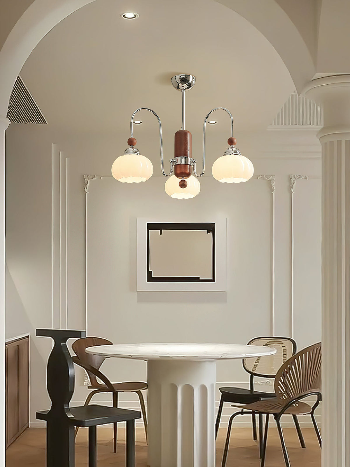 Pomona Sculptural Glass Chandelier with Chrome and Wood Accents