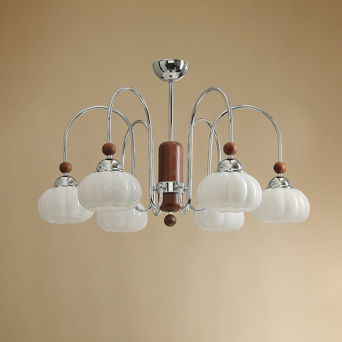 Pomona Sculptural Glass Chandelier with Chrome and Wood Accents