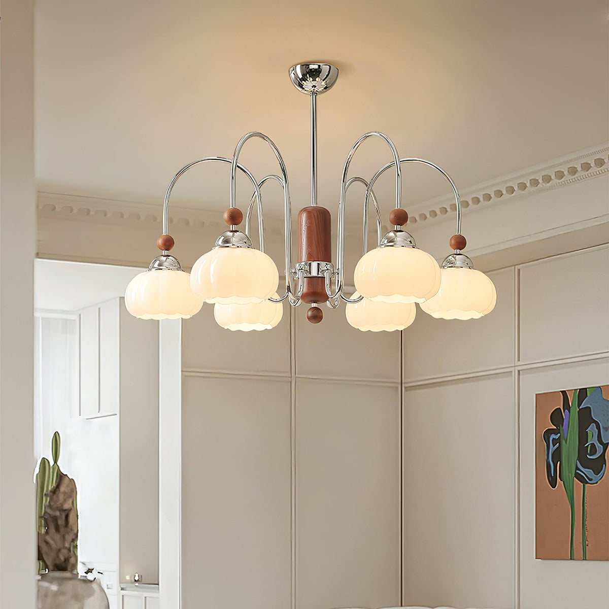Pomona Sculptural Glass Chandelier with Chrome and Wood Accents