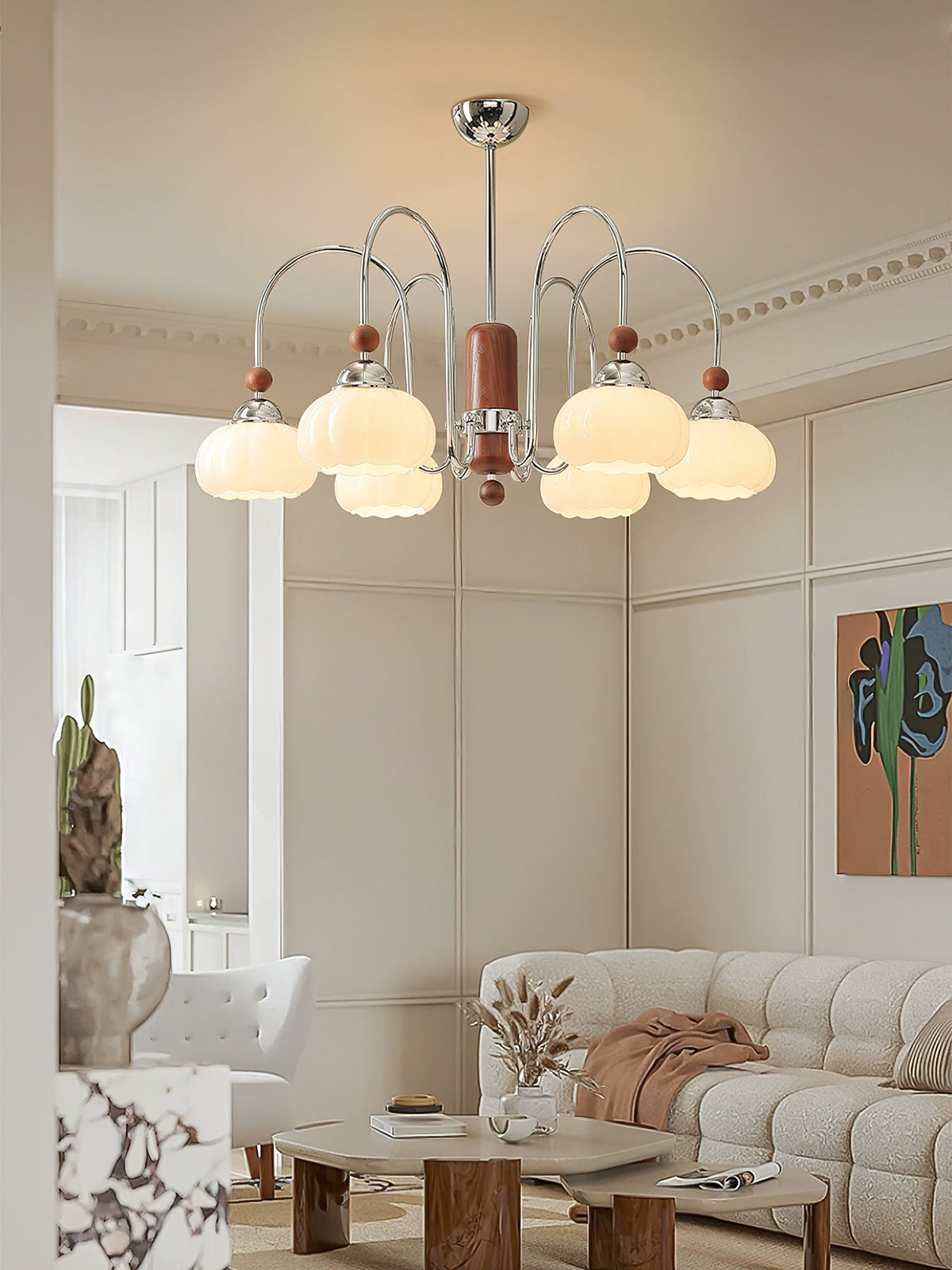 Pomona Sculptural Glass Chandelier with Chrome and Wood Accents