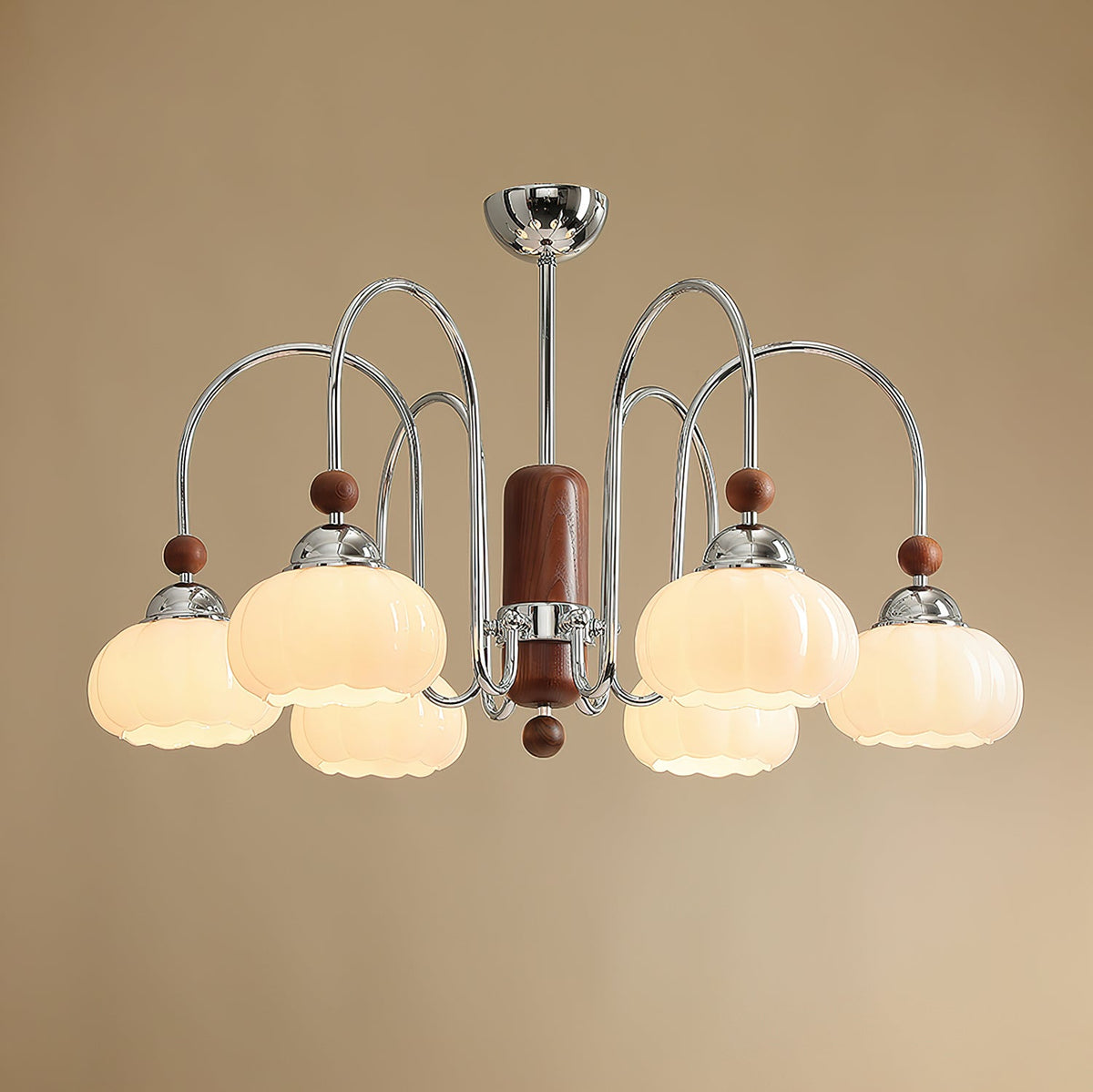 Pomona Sculptural Glass Chandelier with Chrome and Wood Accents