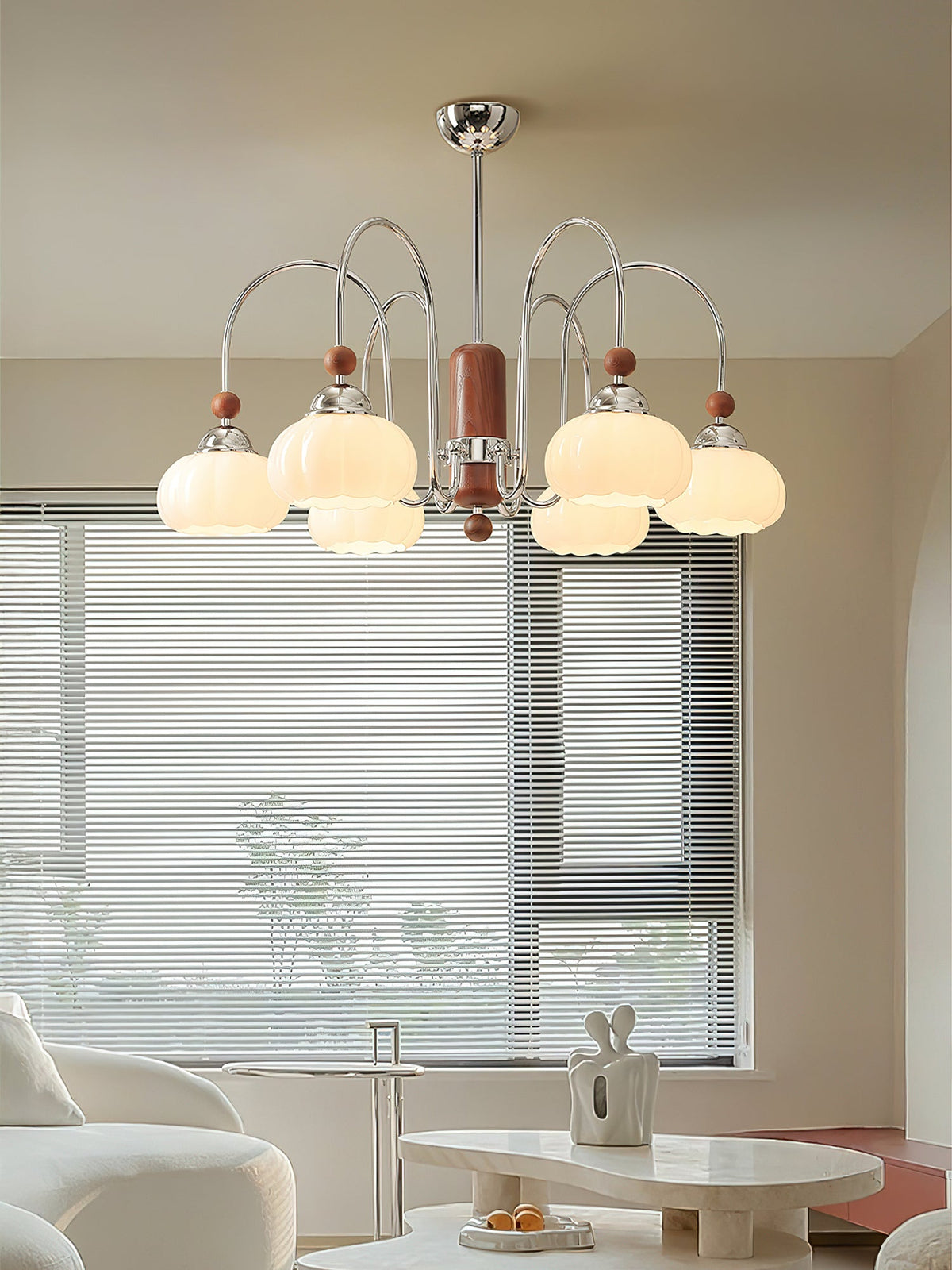 Pomona Sculptural Glass Chandelier with Chrome and Wood Accents
