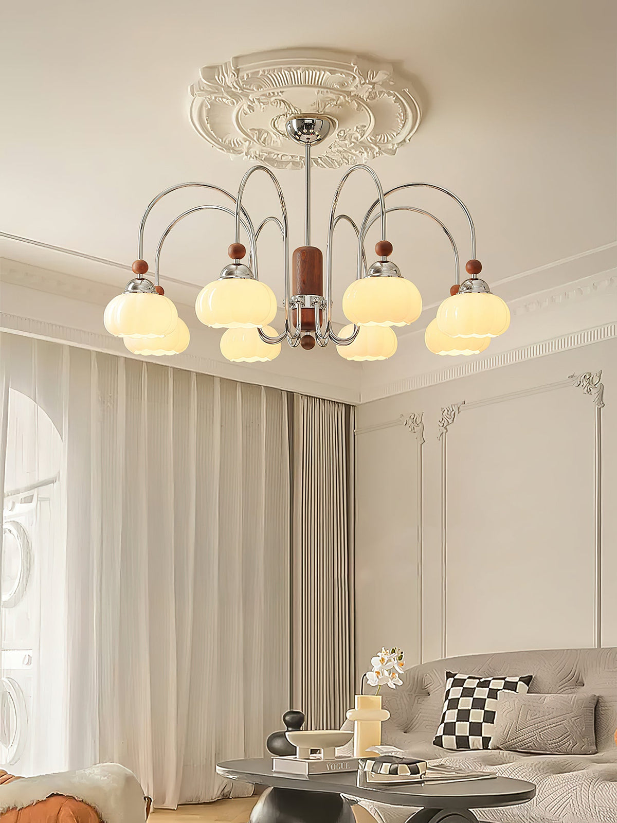 Pomona Sculptural Glass Chandelier with Chrome and Wood Accents