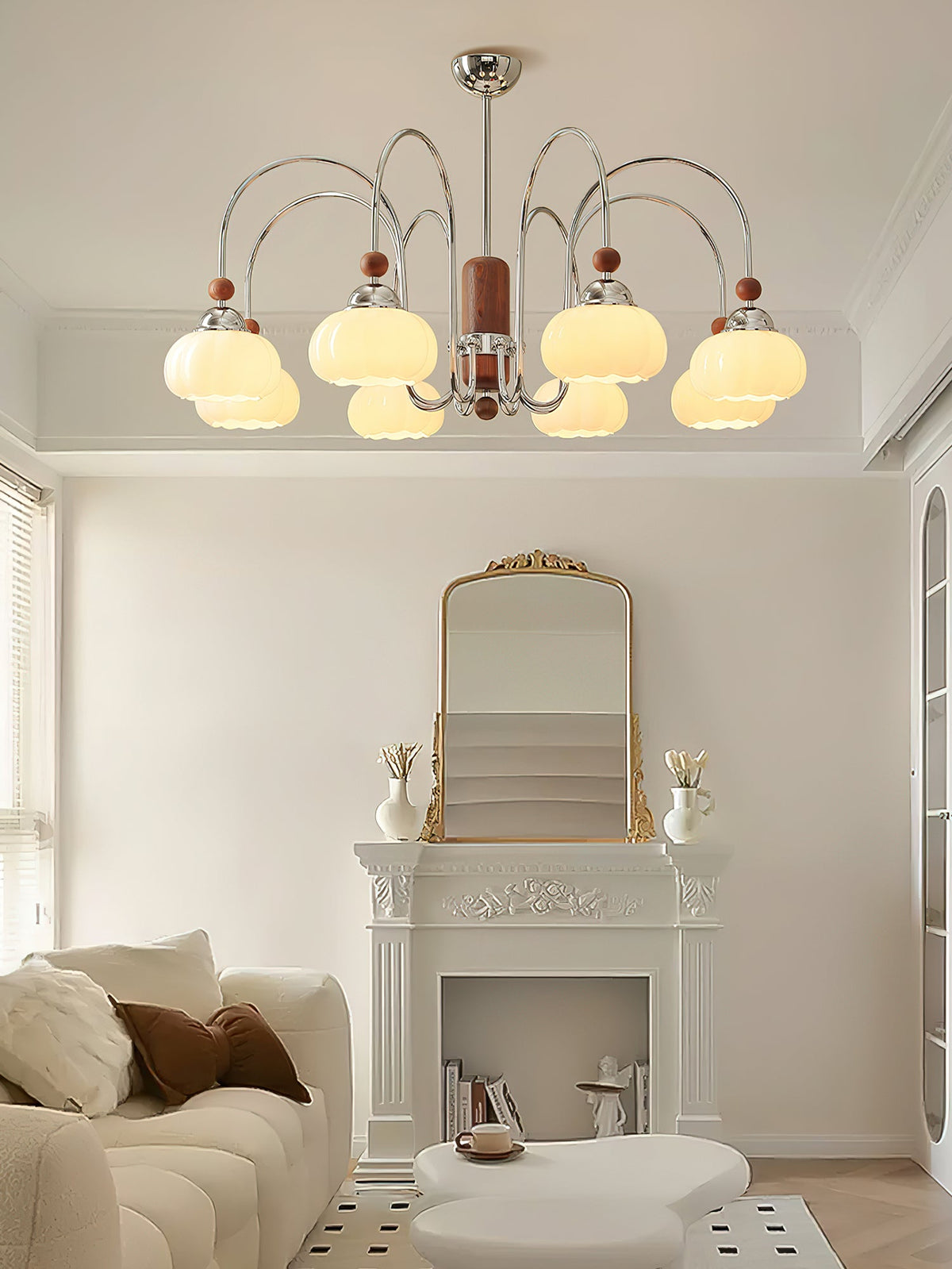 Pomona Sculptural Glass Chandelier with Chrome and Wood Accents
