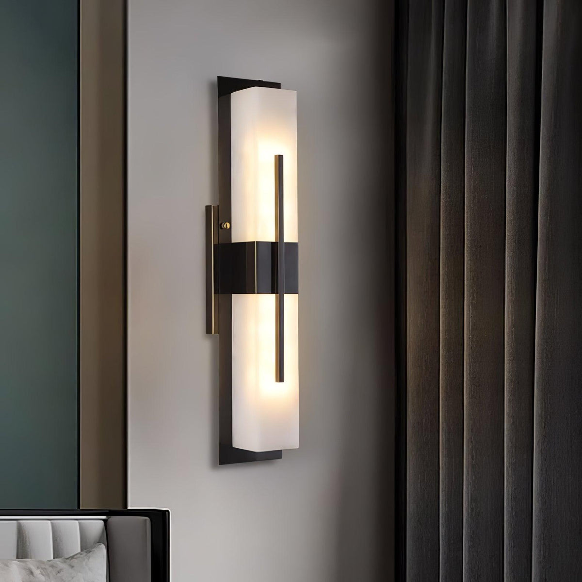Axis Twin Alabaster LED Wall Sconce, Modern Brass & Black Finish