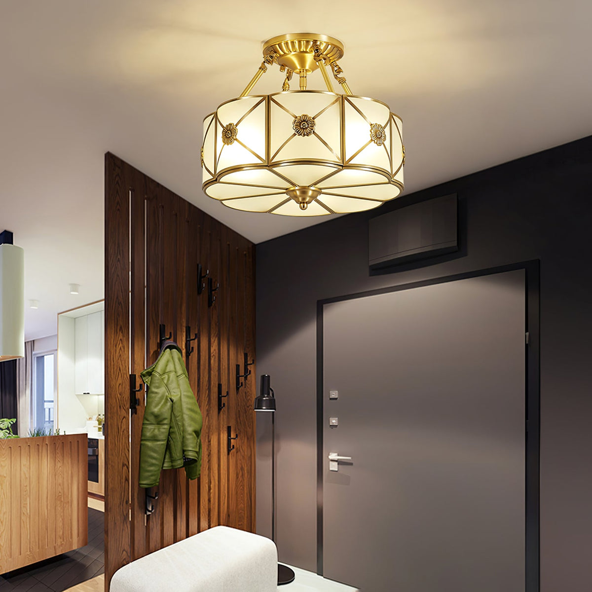 Preston Brass Flush Mount Ceiling Light with Frosted Glass Shade