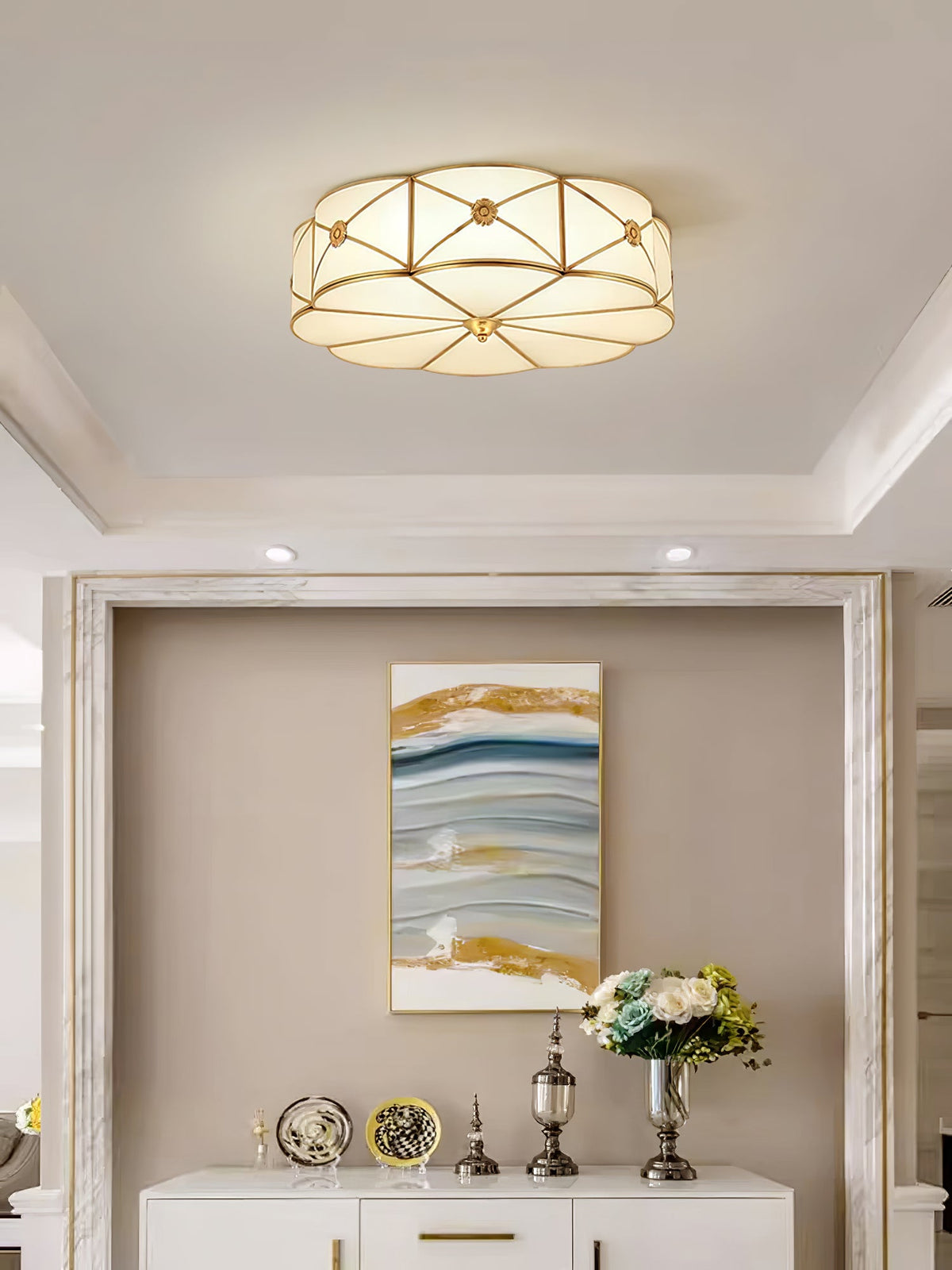 Preston Brass Flush Mount Ceiling Light with Frosted Glass Shade
