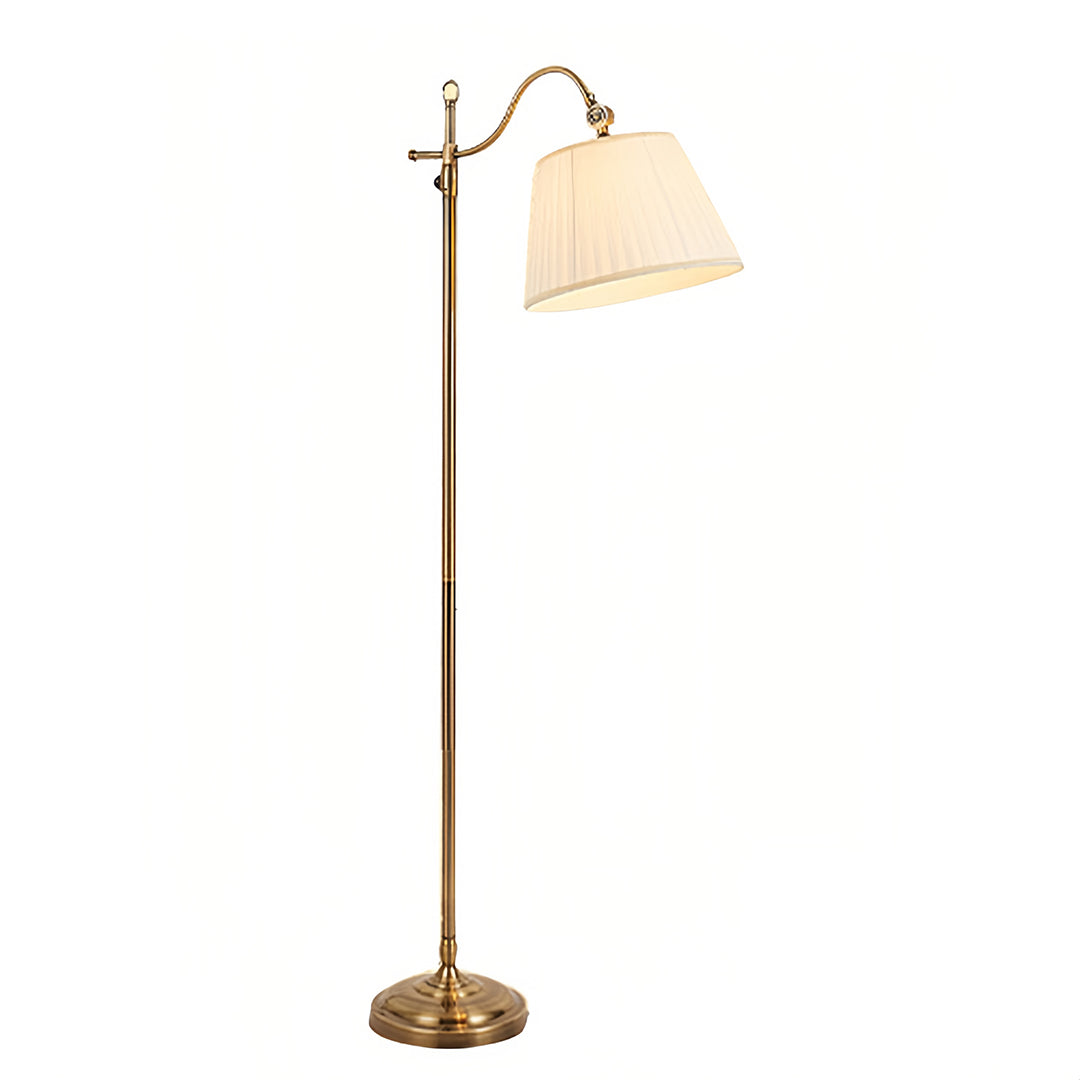 Copper Arc Floor Lamp with Fabric Shade – Vintage Modern Illumination