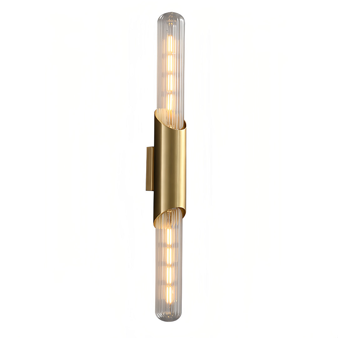 Gold Crystal Chandelier with Brass Wall Sconces and Recessed LED Lights