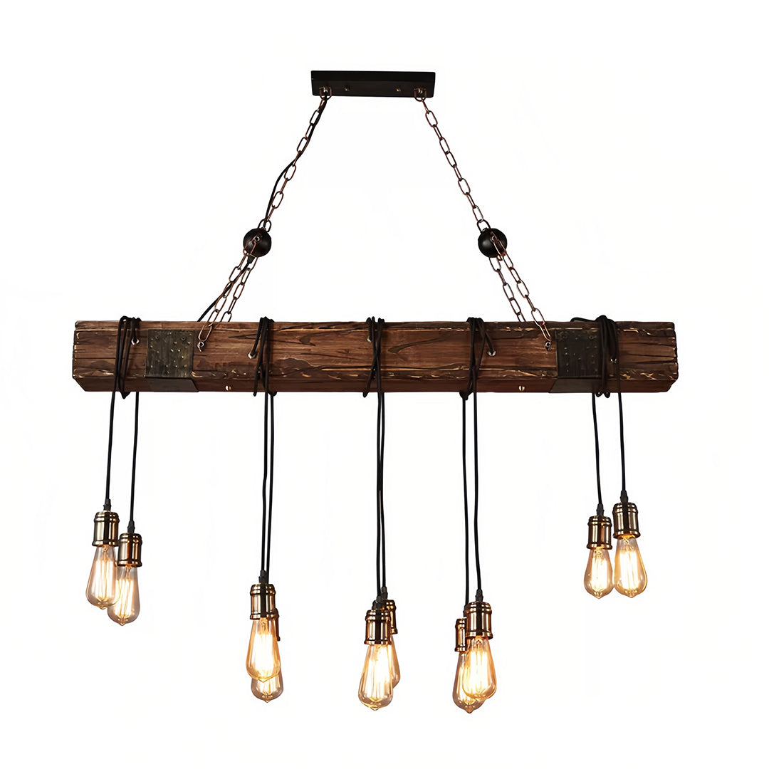 American Vintage Iron and Wood Linear Pendant Light, 10-Light