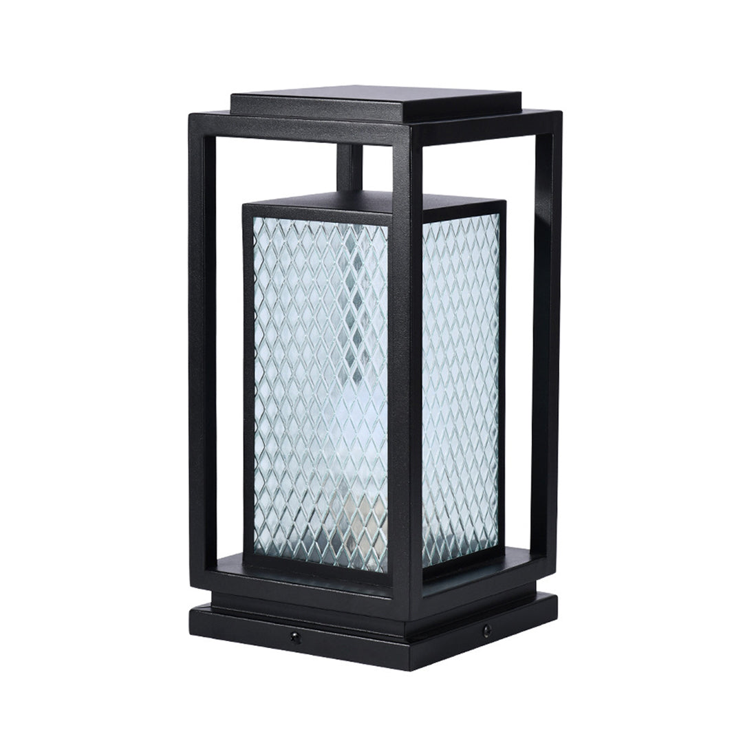 Industrial Outdoor Glass Lantern Bollard Light, Weatherproof Black Square Lawn Lamp