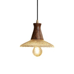 Walnut Wood Pendant Light with Brass Accents and Glass Shade