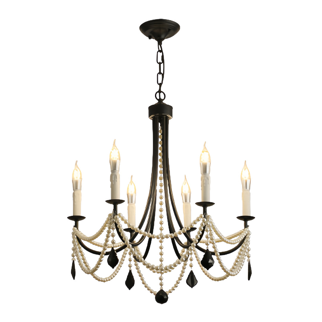 Pearl Crystal Chandelier in Black Iron – Artistic Ceiling Light for Elegant Interiors