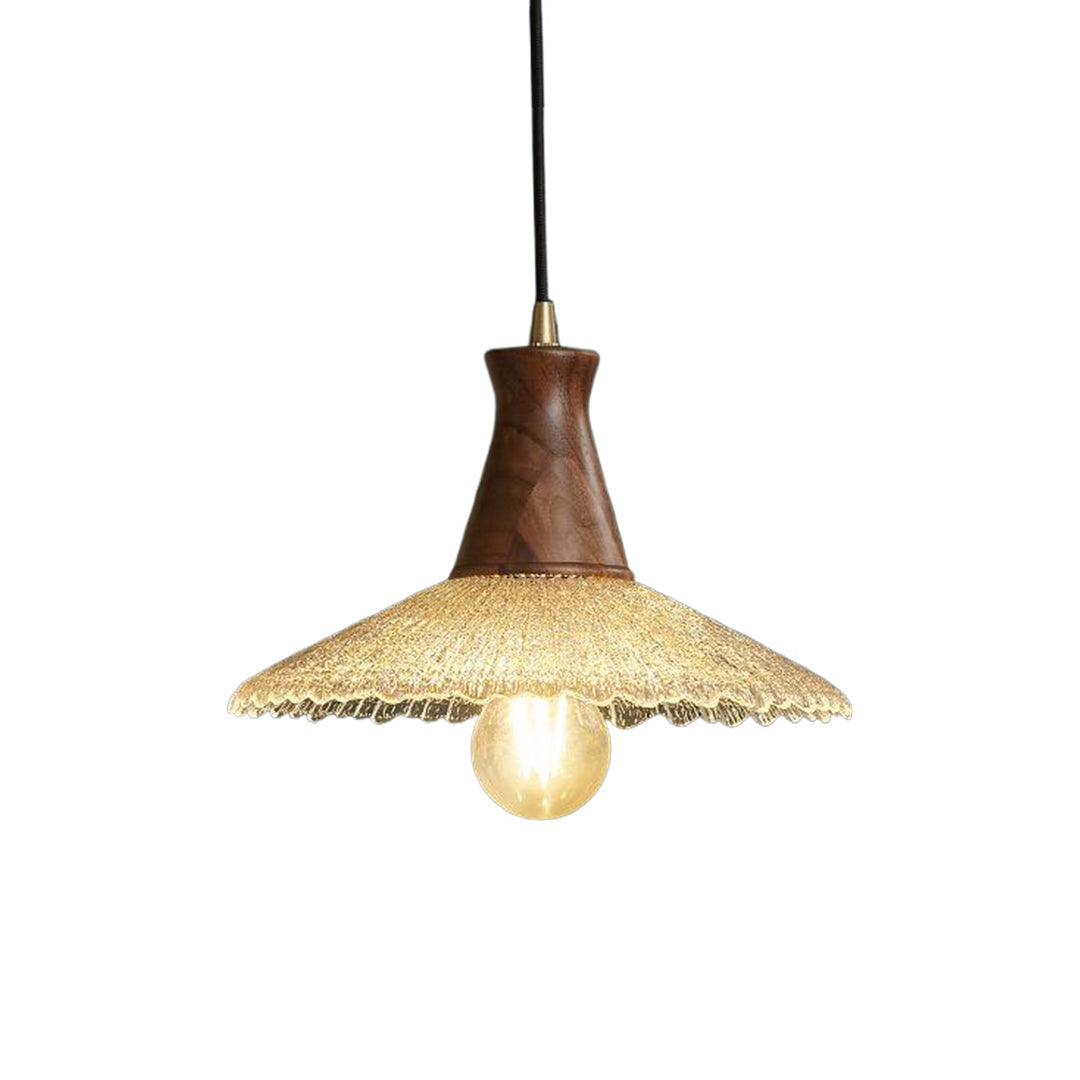 Walnut Wood Pendant Light with Brass Accents and Glass Shade