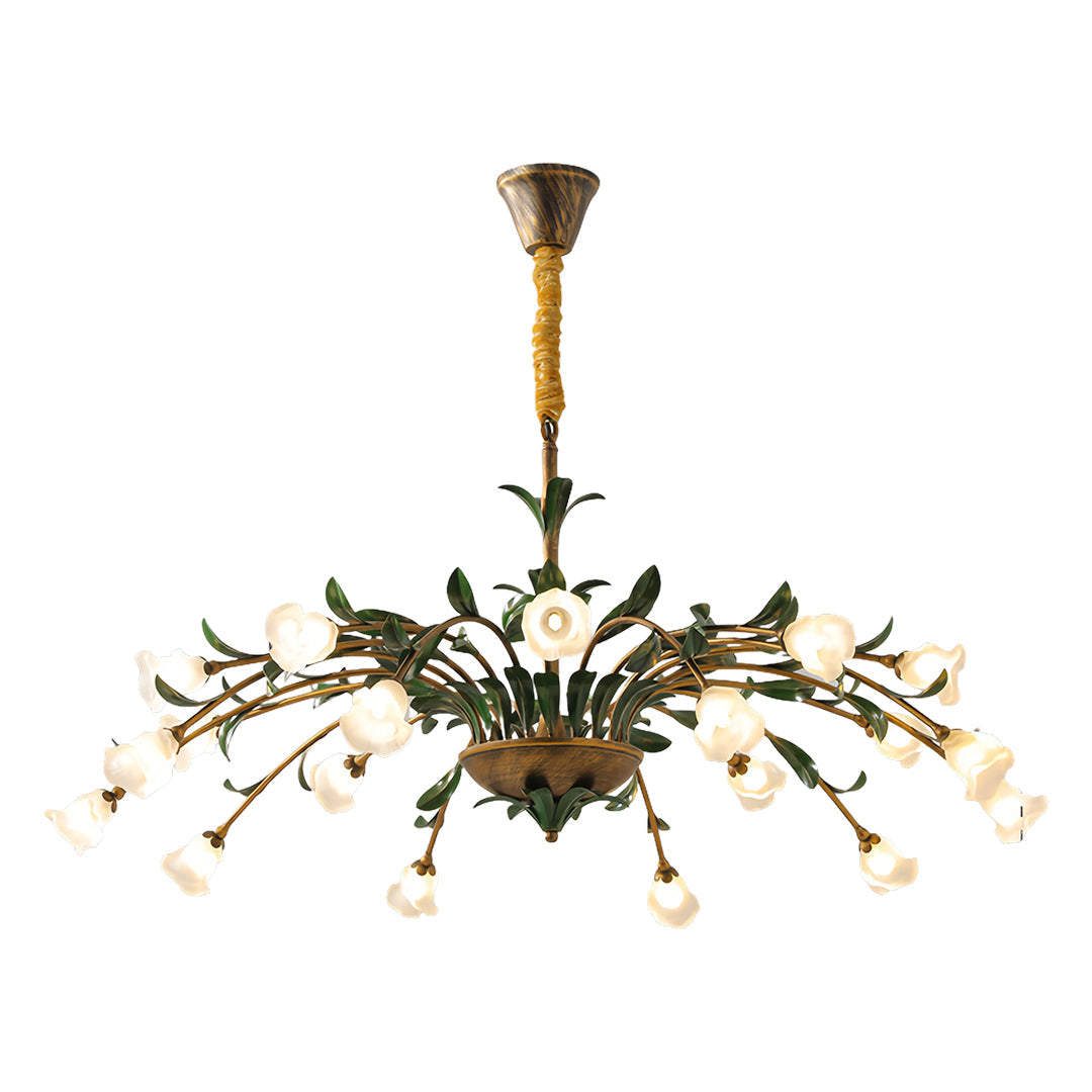Vintage French Country Floral Iron Chandelier with Glass Shades