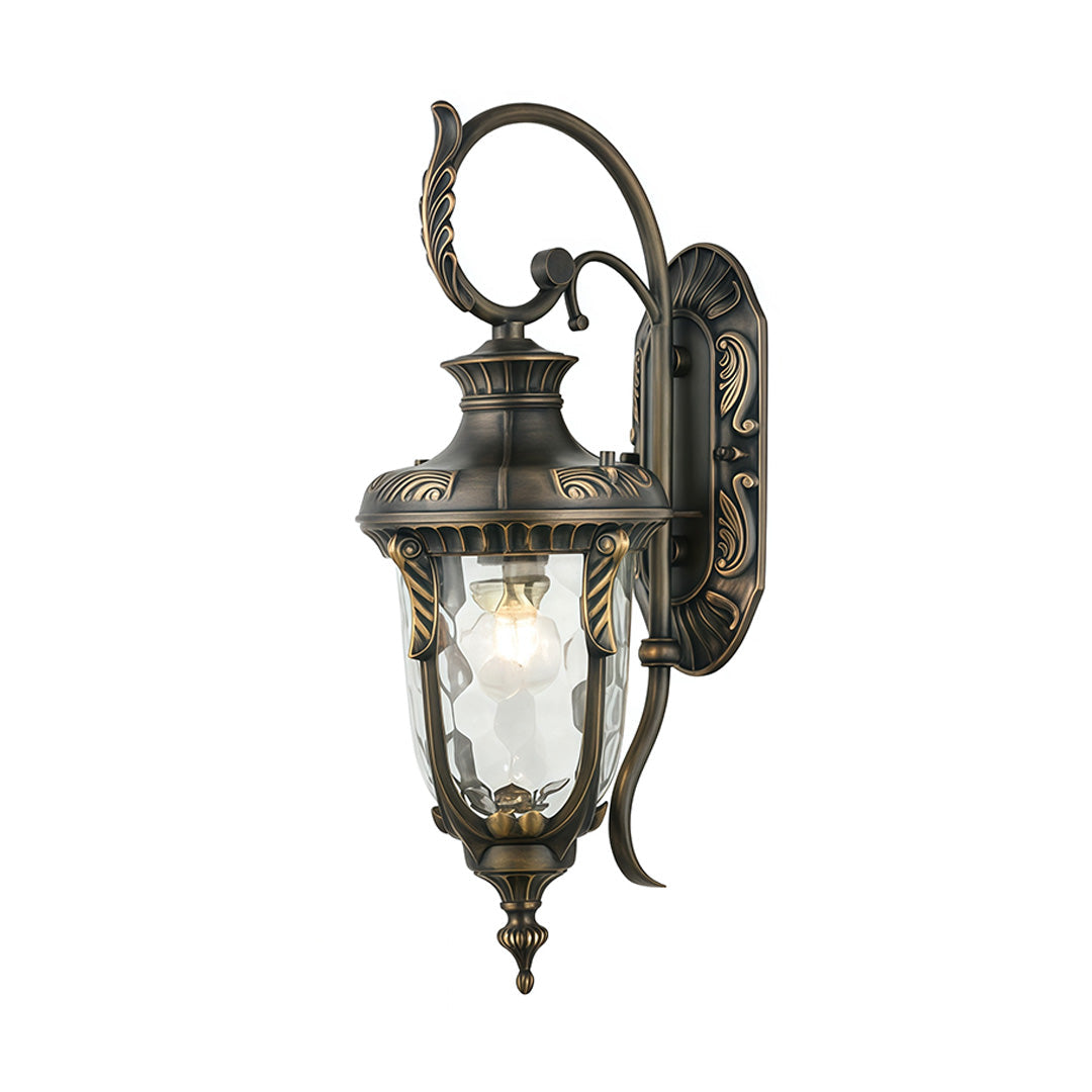 European Vintage Outdoor Wall Lantern in Antique Brass and Clear Glass