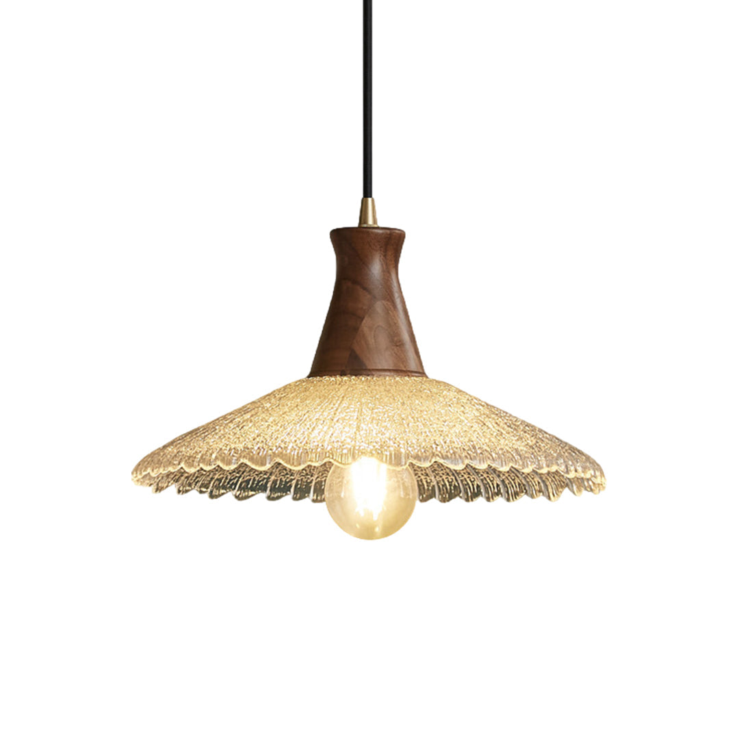 Walnut Wood Pendant Light with Brass Accents and Glass Shade