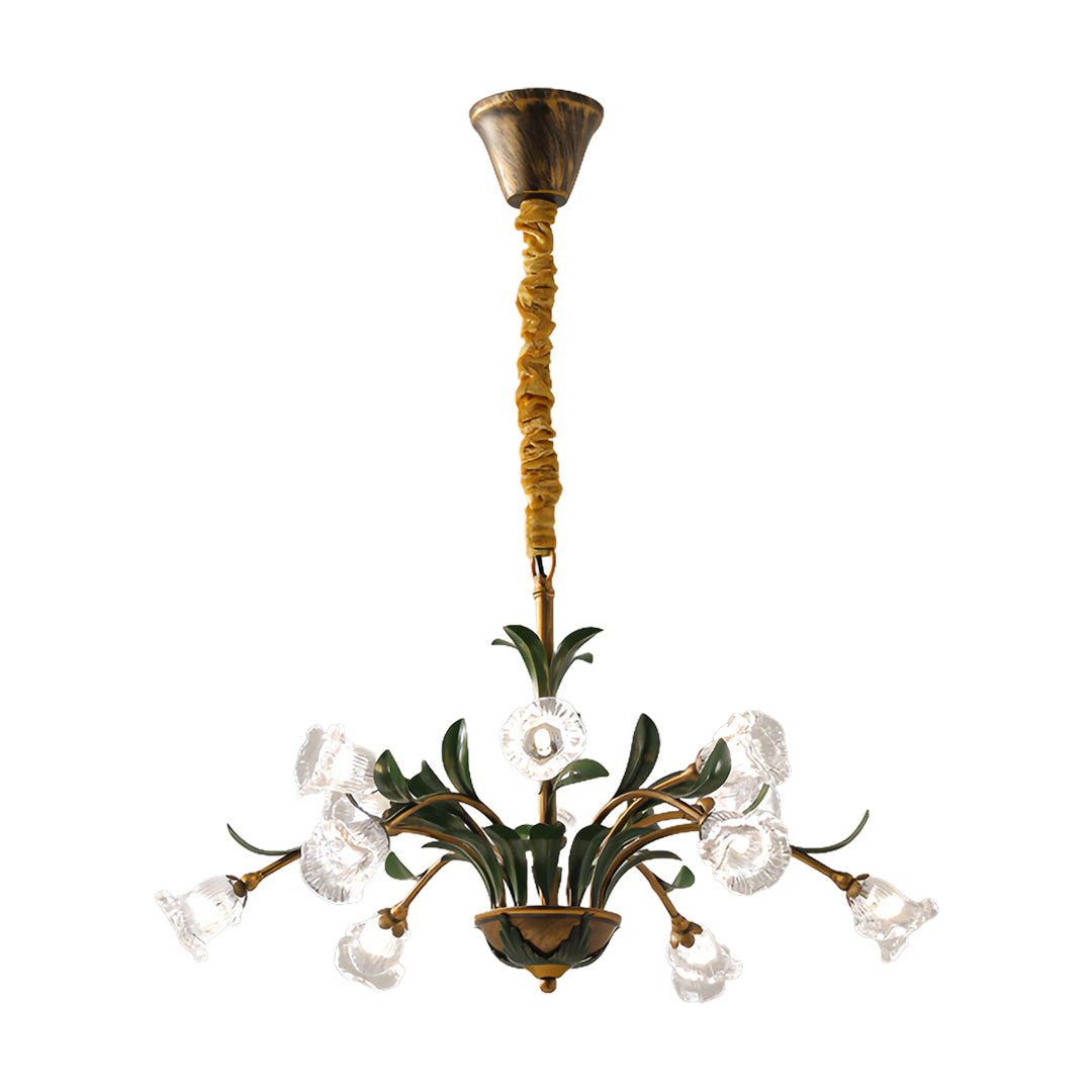 Vintage French Country Floral Iron Chandelier with Glass Shades
