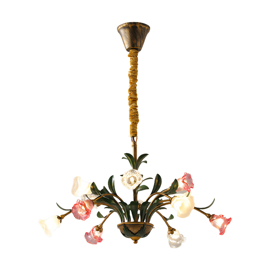Vintage French Country Floral Iron Chandelier with Glass Shades