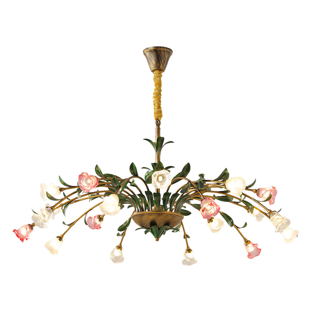Vintage French Country Floral Iron Chandelier with Glass Shades