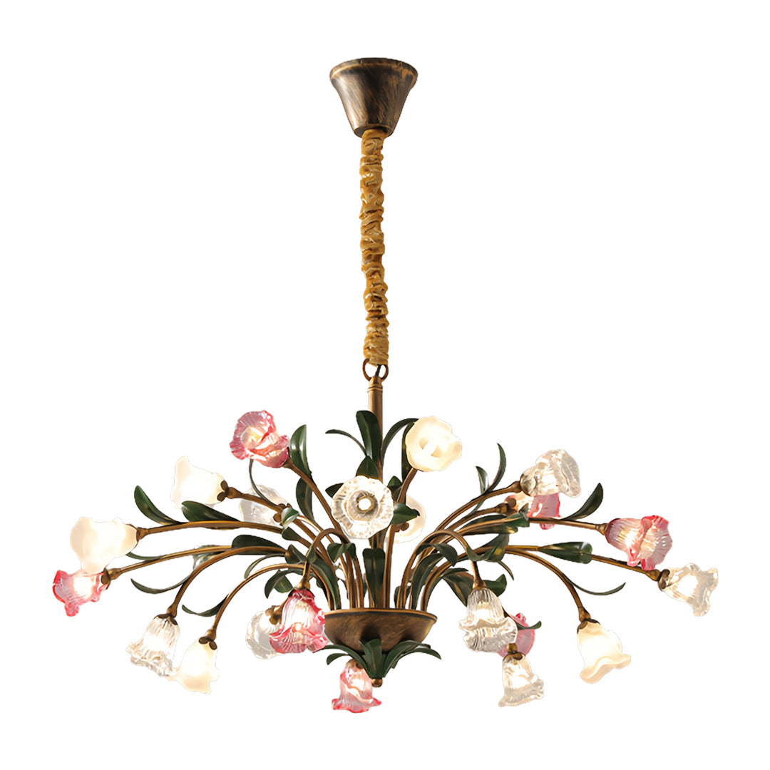Vintage French Country Floral Iron Chandelier with Glass Shades