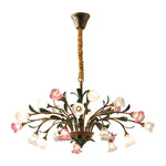 Vintage French Country Floral Iron Chandelier with Glass Shades