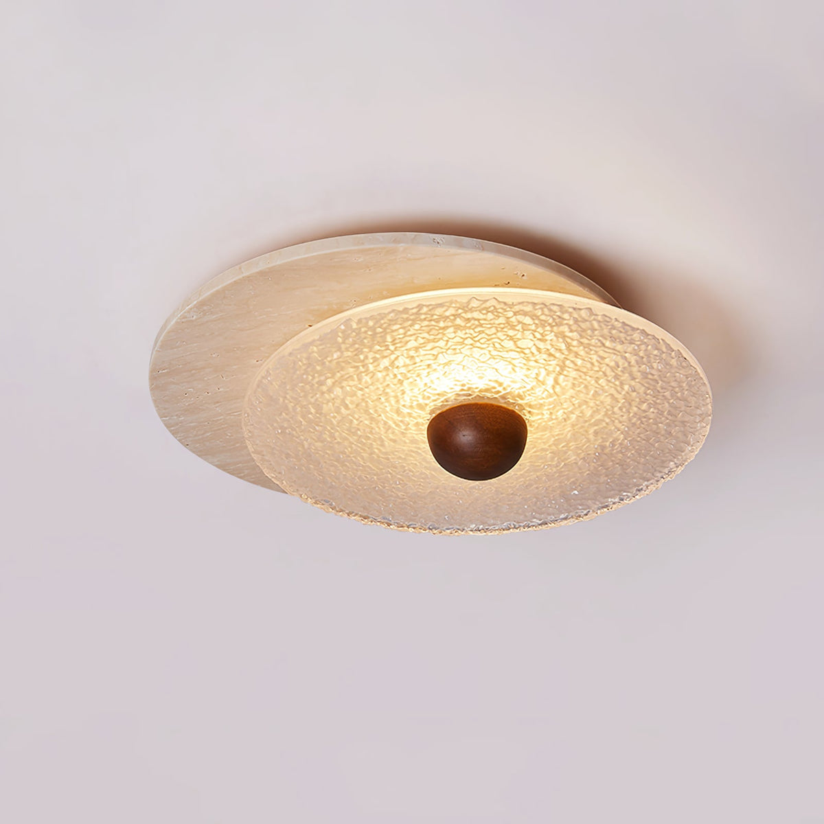 Radiant Disc Ceiling Light in Travertine and Textured Glass