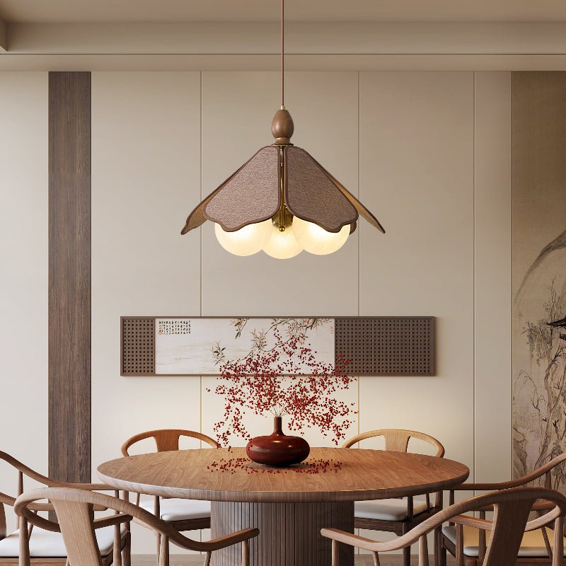 Ravia Pendant Light in Raffia, Glass, and Wood – Modern Organic Chandelier for Dining and Living Spaces