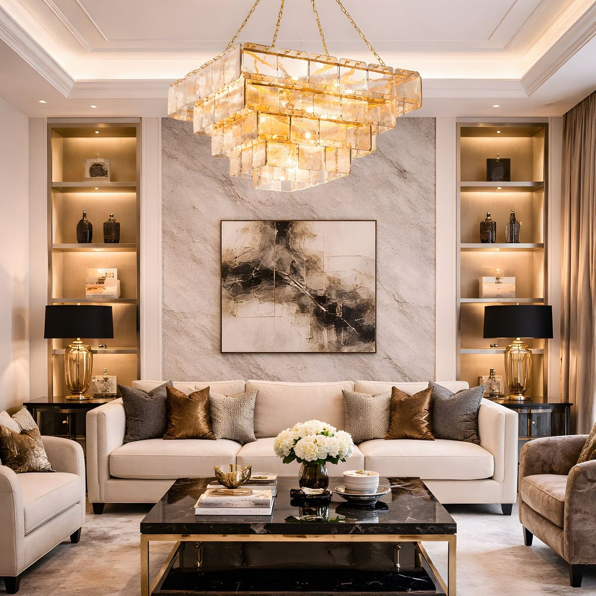 Regal Chain Chandelier – Art Deco Tiered Glass Pendant for Dining Room