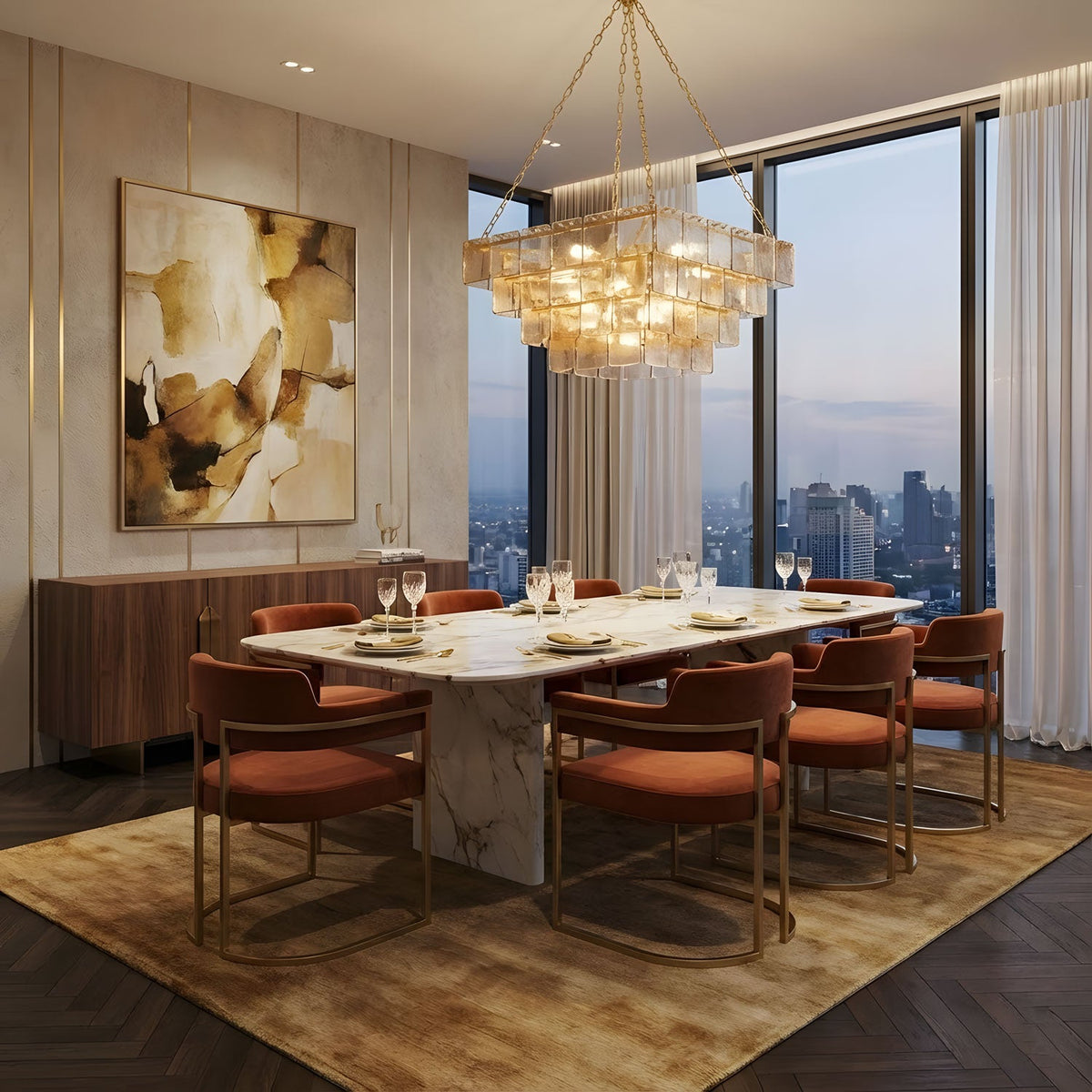 Regal Chain Chandelier – Art Deco Tiered Glass Pendant for Dining Room