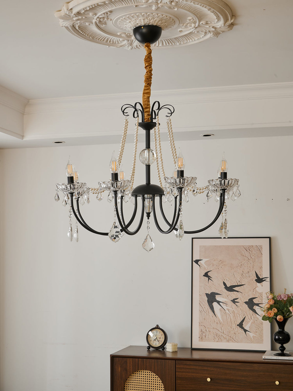 Regalia Crystal Chandelier with Brass and Pearl Accents for Elegant Interiors