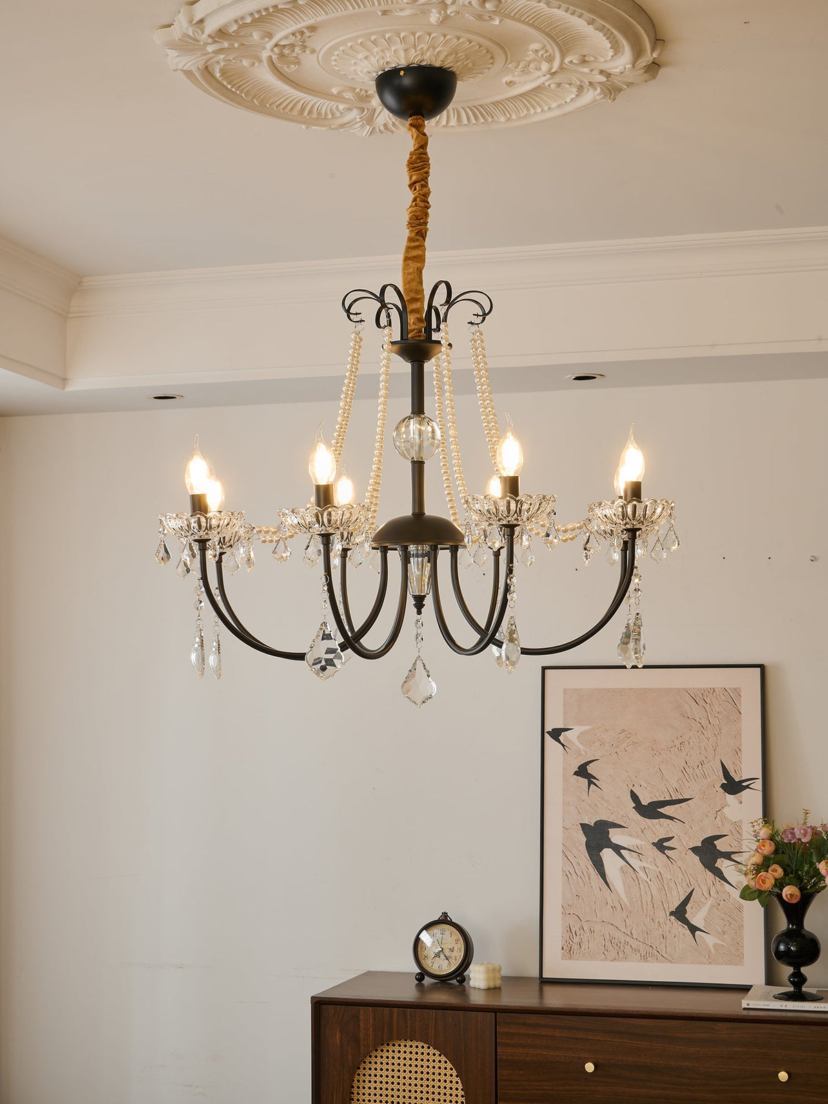 Regalia Crystal Chandelier with Brass and Pearl Accents for Elegant Interiors