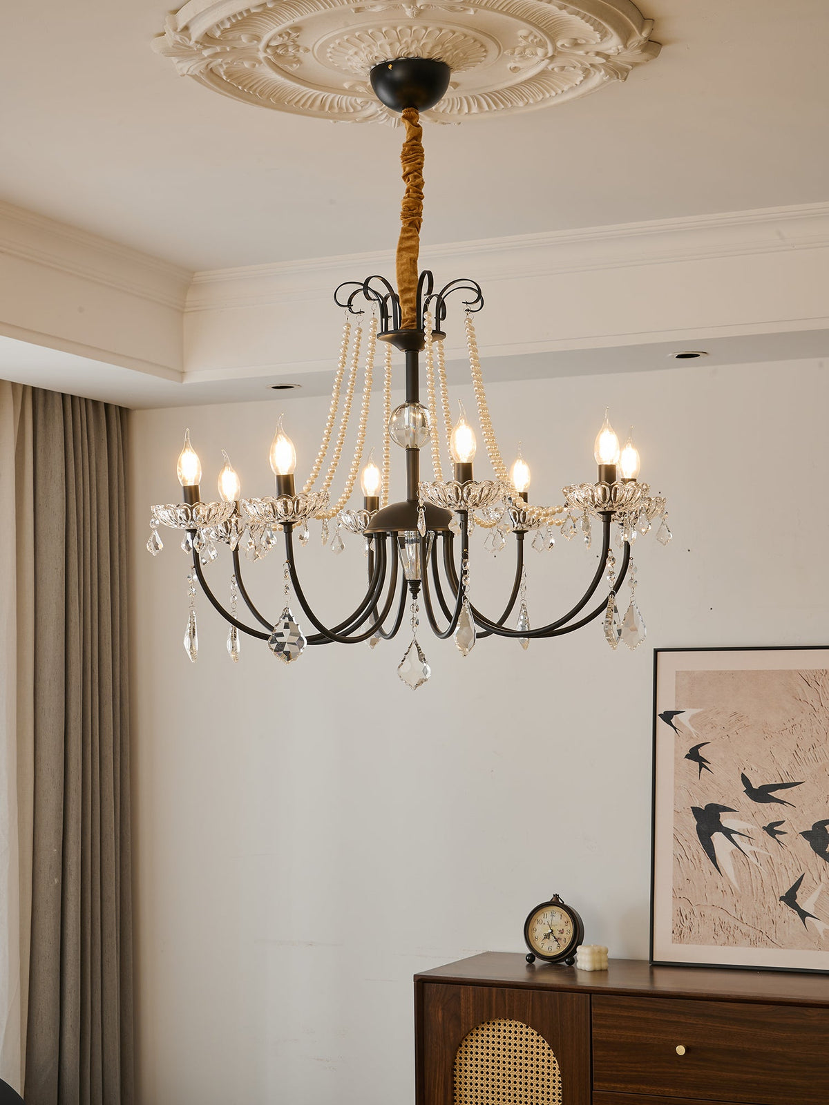 Regalia Crystal Chandelier with Brass and Pearl Accents for Elegant Interiors