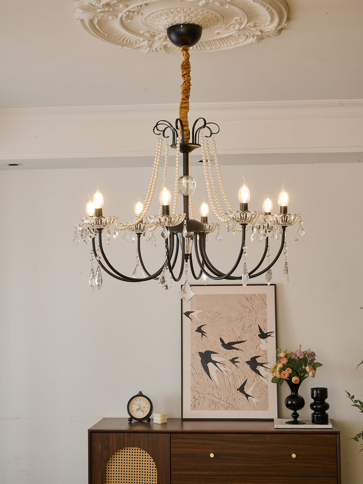 Regalia Crystal Chandelier with Brass and Pearl Accents for Elegant Interiors