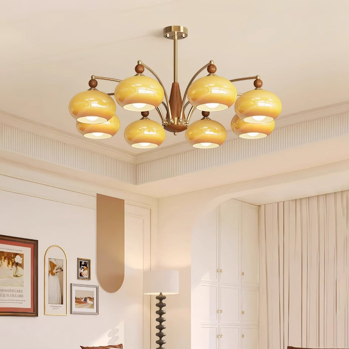 Retro Calliope Chandelier | Art Deco Wood & Glass Pendant Light for Dining Room