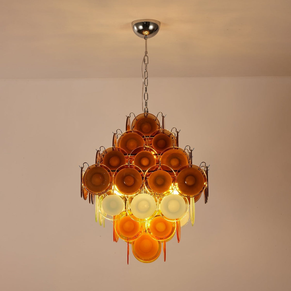 Layered Glass Disc Chandelier with Amber and Pastel Tones for Dining and Living Spaces