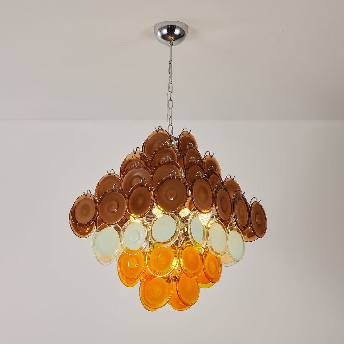 Layered Glass Disc Chandelier with Amber and Pastel Tones for Dining and Living Spaces