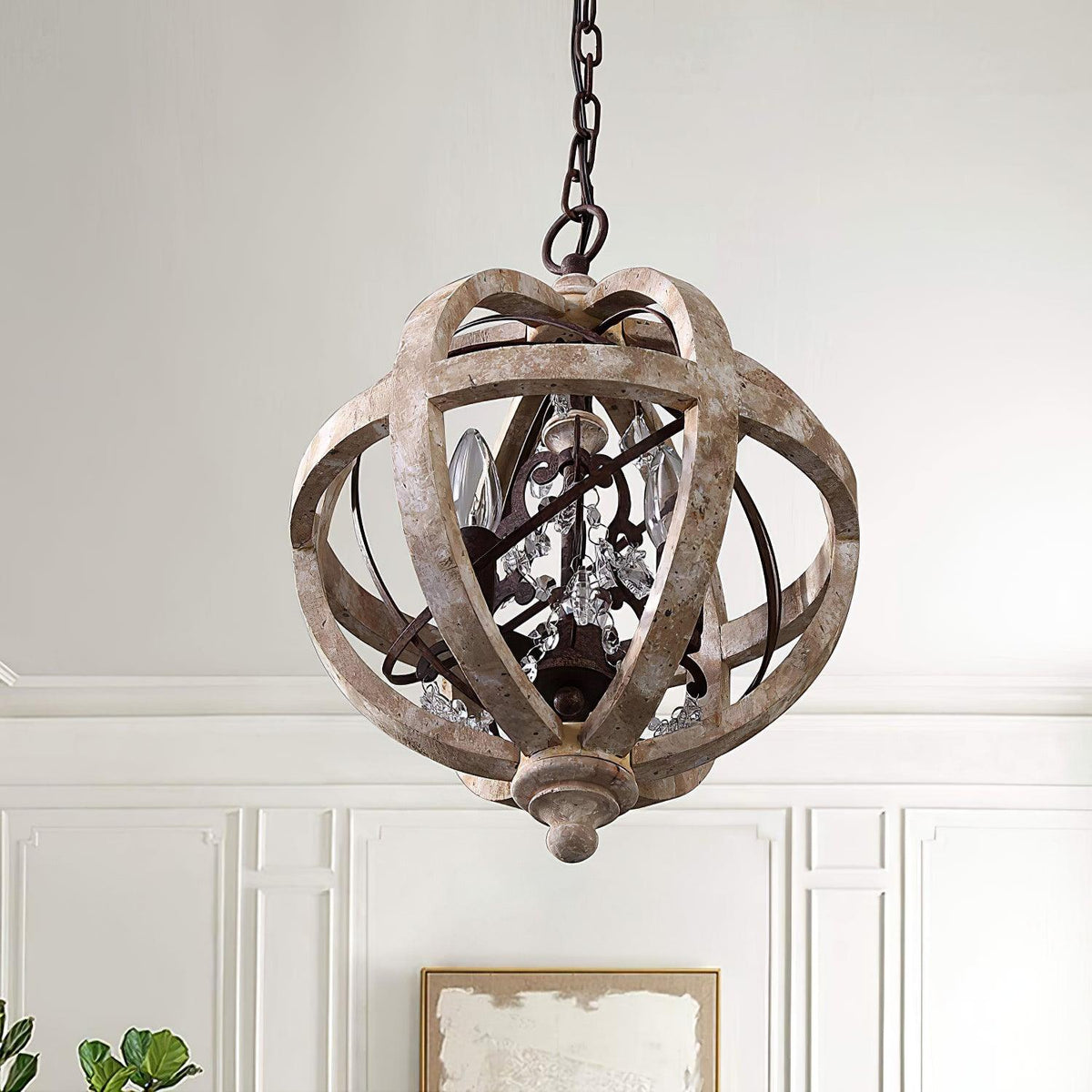 Retro Globe Chandelier with Weathered Wood and Crystal Accents
