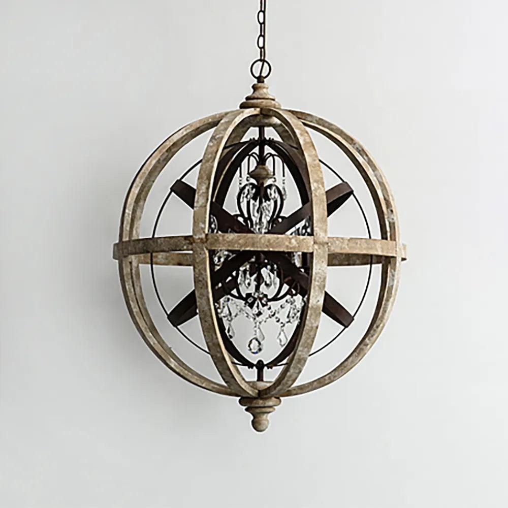 Retro Globe Chandelier with Weathered Wood and Crystal Accents