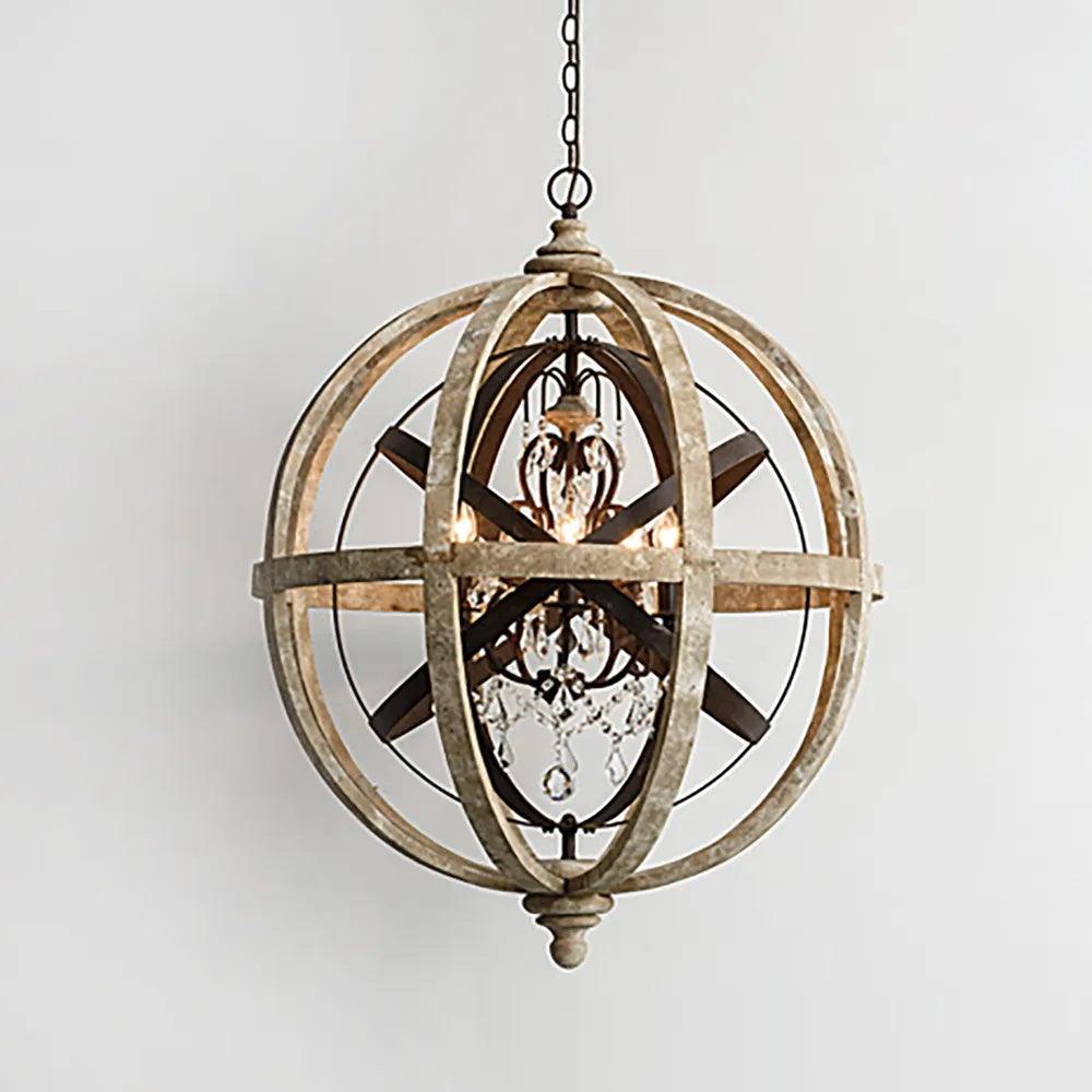 Retro Globe Chandelier with Weathered Wood and Crystal Accents